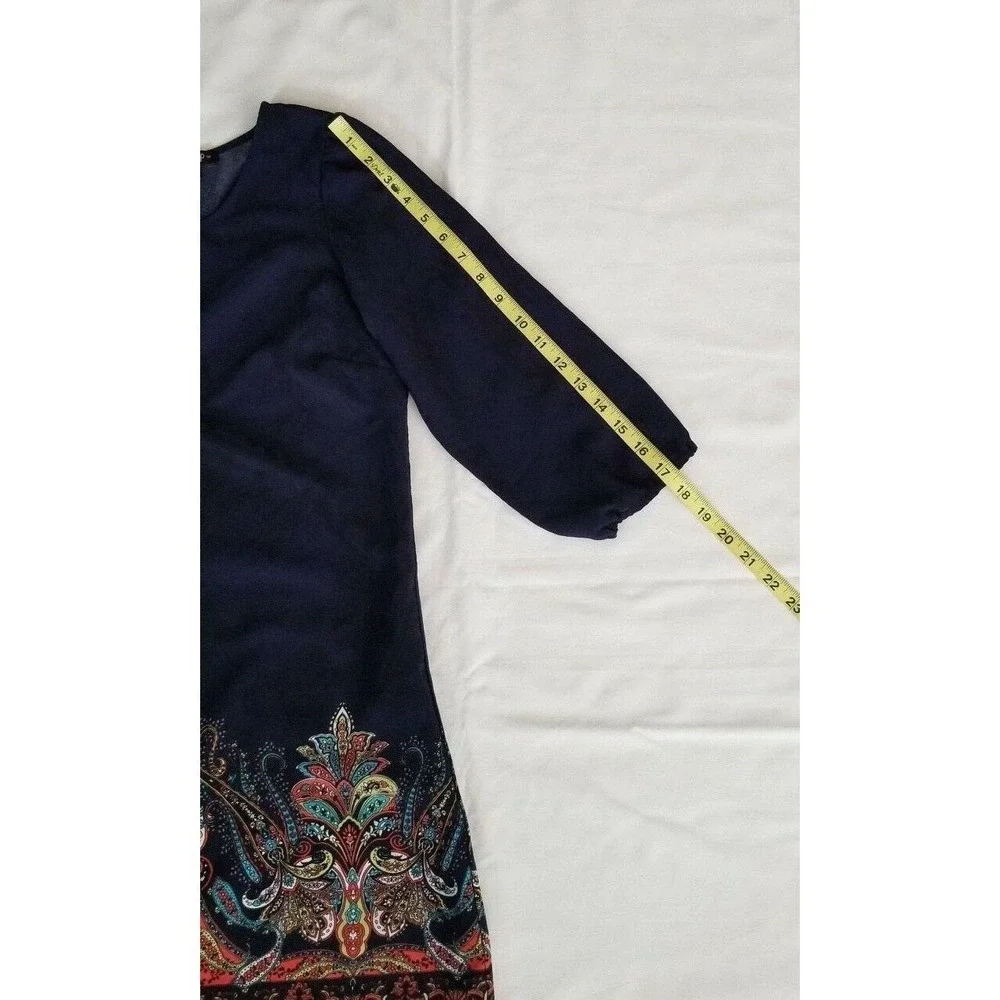 Bebop Women's Navy Blue/Multicolor 3/4 Sleeve Paisley Print Shift Dress Sz Large